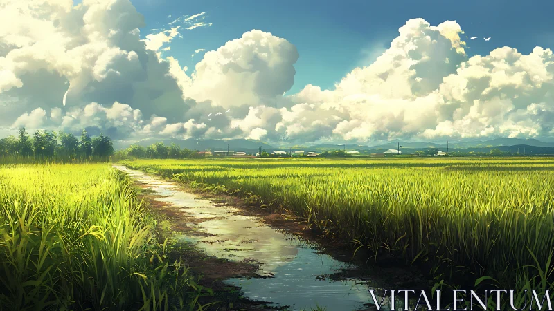 Sunlit rice fields with water path under broad clouds.
