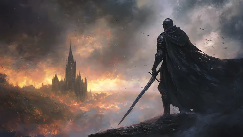 Dark knight overlooks burning citadel at storm horizon.