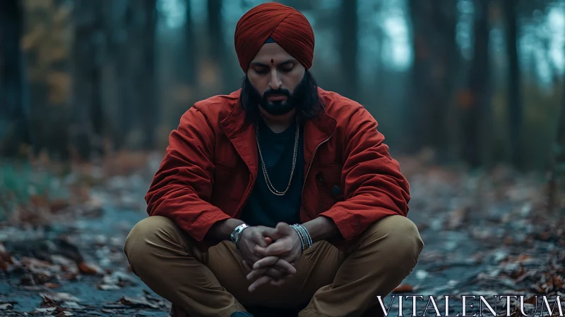 Forest silence folds around a meditative soul in ember tones