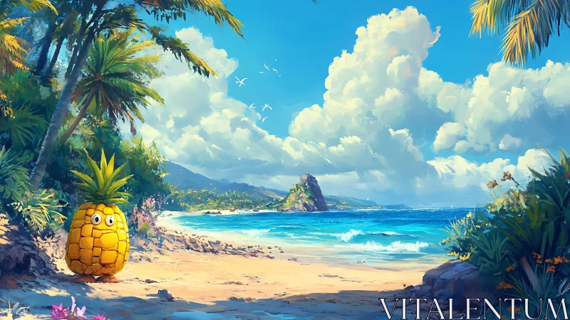 Animated Pineapple Character on Tropical Beach Paradise.