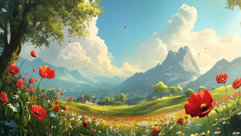 Mountain valley landscape with poppy meadow under clouds.