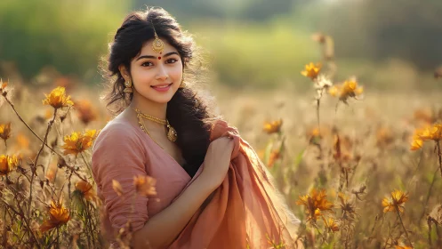 Elegant woman in traditional attire amid golden wildflowers, soft focus.