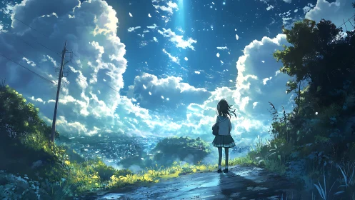 Solitary schoolgirl gazes toward a radiant, cloudlit horizon.