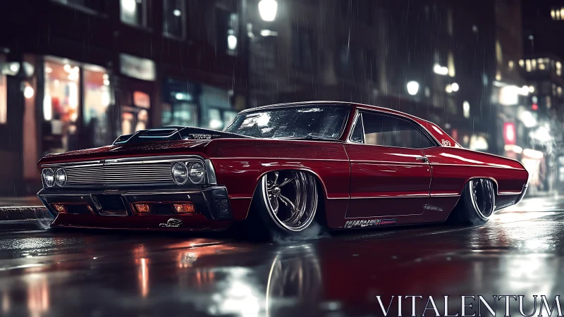 Low-slung classic muscle car glowing on a rainy city street.
