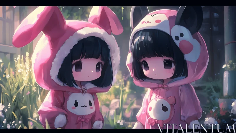 Twin girls in pastel animal hoodies under soft garden light.