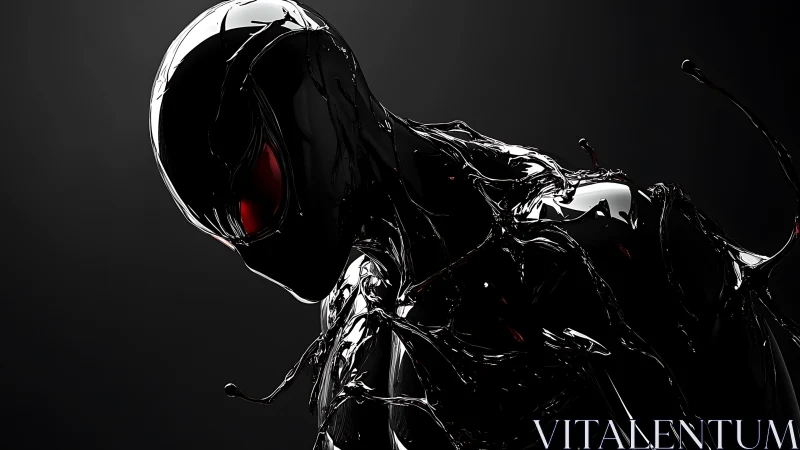 Liquid obsidian humanoid with red ocular glow in darkness.