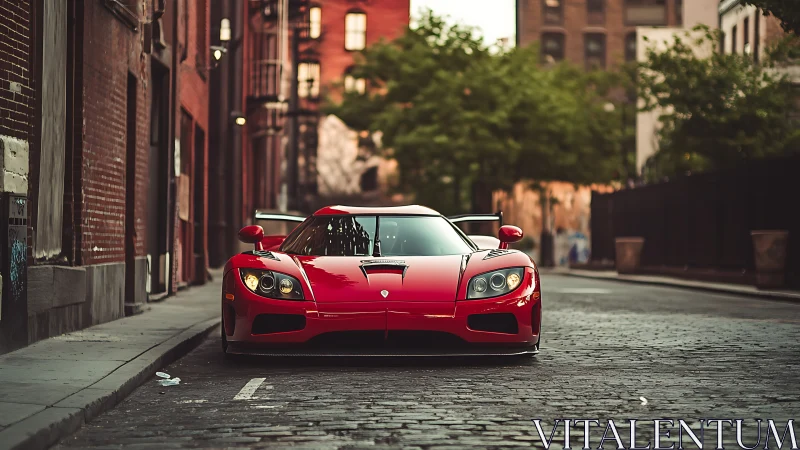Red sports car parked on quiet cobblestone city street.