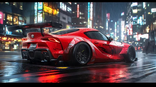 Widebody red tuner coupe under neon-lit rain with wet specular reflections