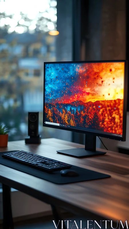 Deskbound horizon ignites as the monitor paints digital fire