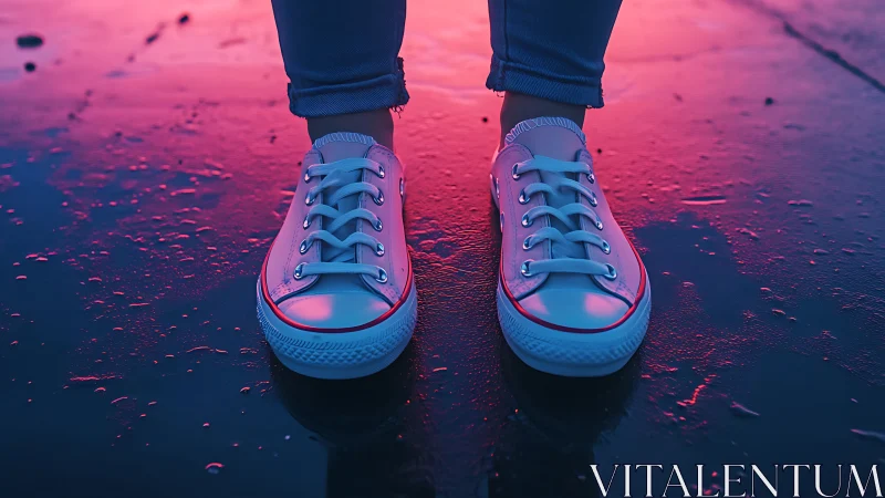 Neon-lit sneakers stand on wet asphalt in cinematic low angle