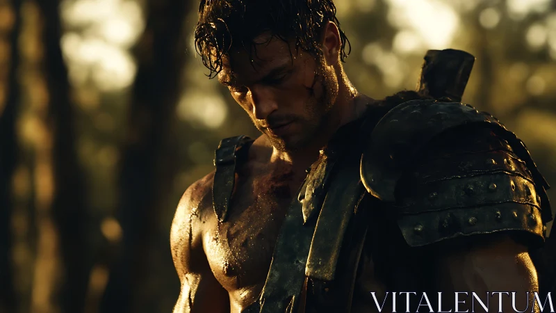 Battle-worn warrior lowers gaze under molten sunset light.