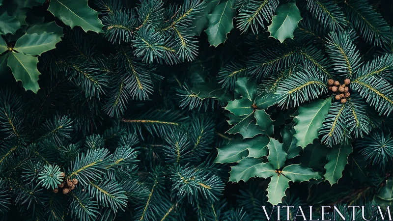 Evergreen branches and holly leaves create calm winter depth