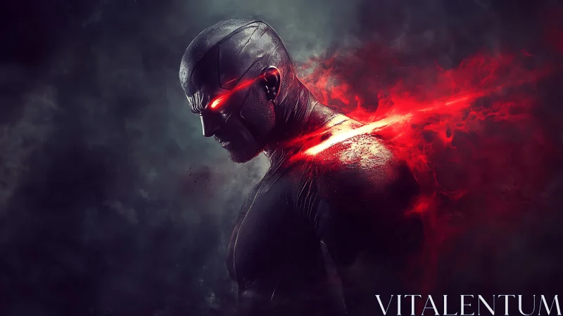 Brooding cyberwarrior with searing crimson energy trail.