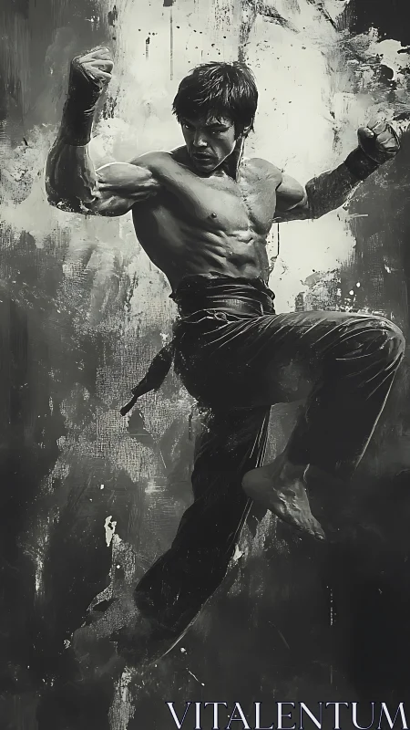 Monochrome martial artist executing elevated kick pose.