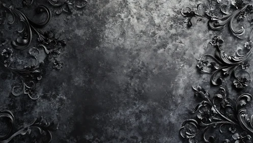 Ornate black floral scrolls on textured concrete field.