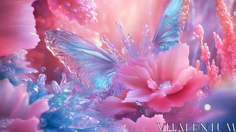 Crystal butterfly wings over glowing pink fantasy flower.