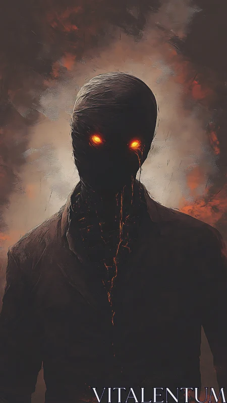 Humanoid figure with glowing eyes in smoke-filled backdrop.