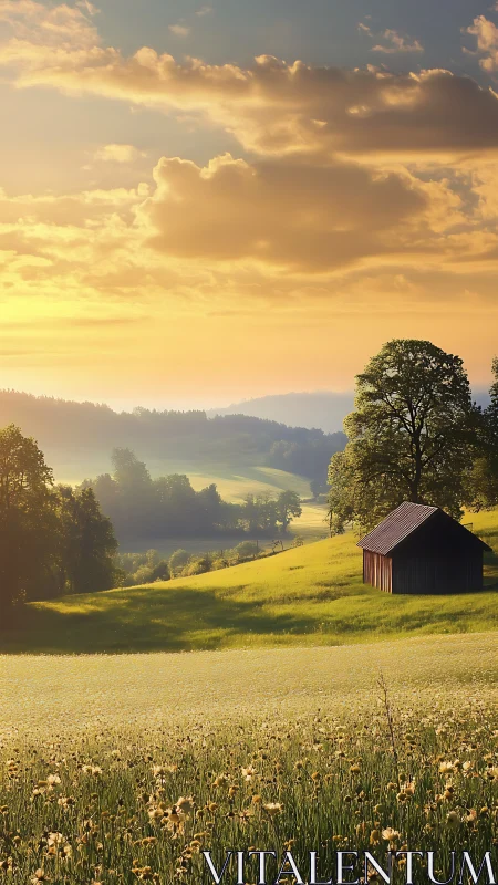 Golden hilltop meadow and solitary barn at whispering sunrise.