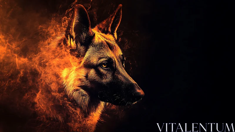 Blazing shepherd portrait in molten orange embers glow.