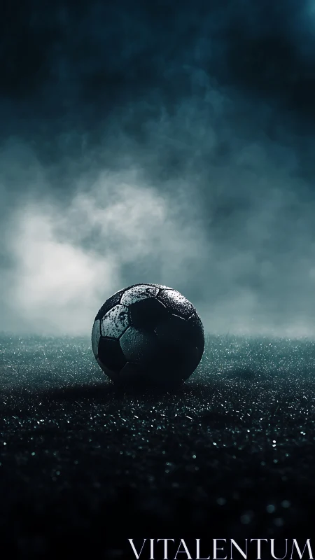 Dew‑laden football on floodlit turf in cinematic night haze.