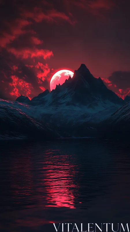 Crimson lunar rise over glacial peaks and reflective fjord.