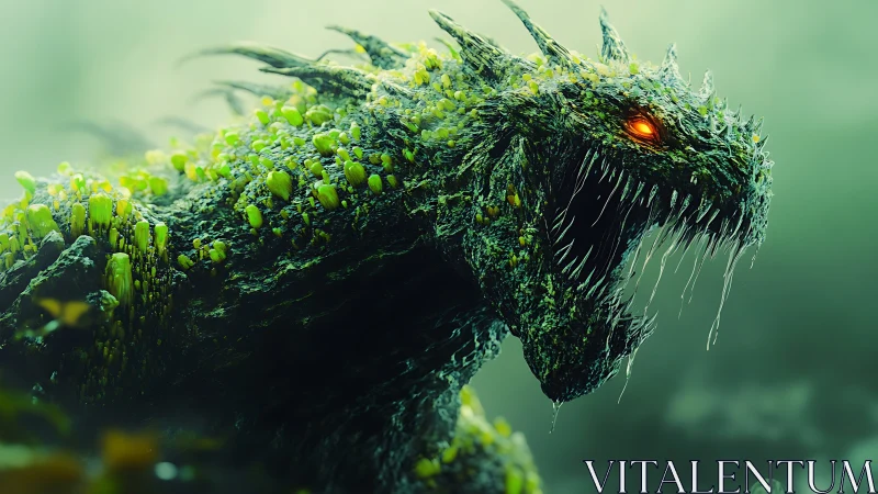 Bioluminescent moss-dragon with coralized armor in misted swamp.