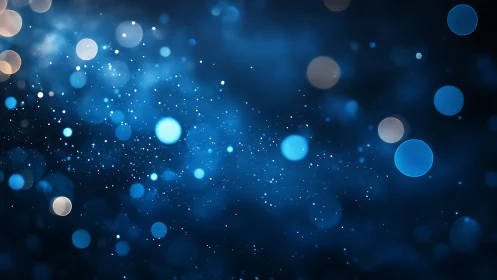 Bokeh particle field on deep blue gradient background design.