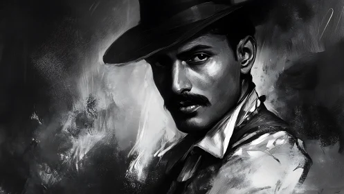 Monochrome digital portrait of man in hat with dramatic chiaroscuro