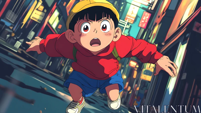 Anime boy running through neon city street at twilight.