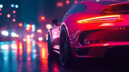 Pink sports car on neon city street at night scene.