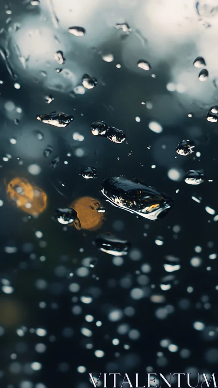 Macro raindrops on glass with shallow depth and bokeh highlights