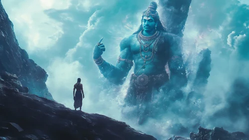 Giant blue deity of clouds meets lone wanderer in misty cliffs.