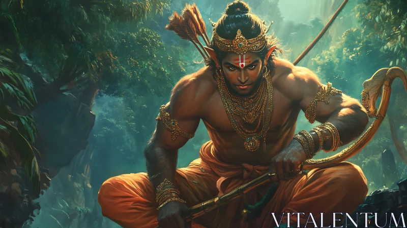 Mythic archer poised in dense jungle with luminous bow.