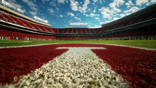 Red American football end zone letter under wide stadium sky