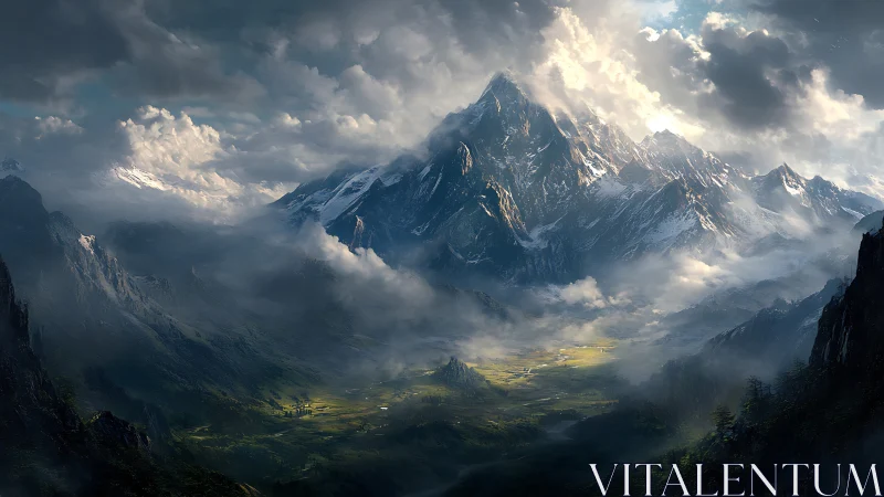 Volumetric-lit alpine massif above misted valley basin