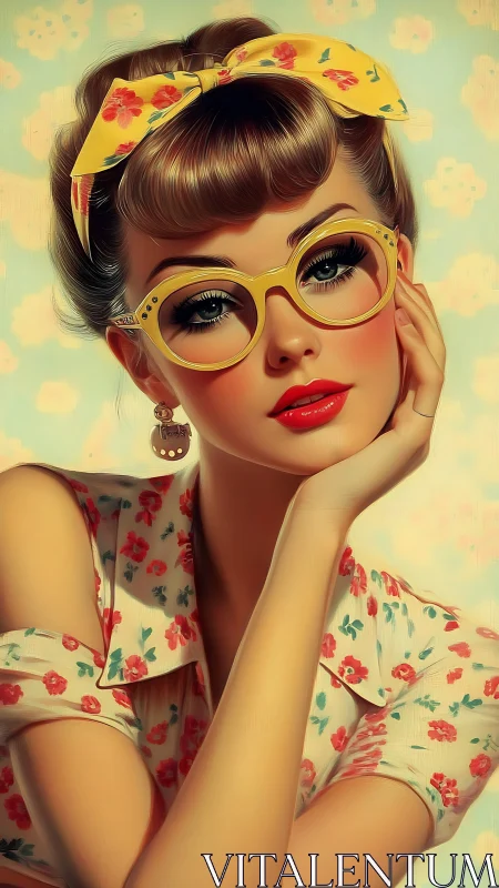 Retro styled woman with yellow glasses and floral clothing.