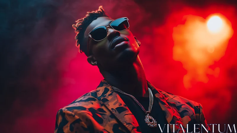 Stylish man in sunglasses under red and blue studio lights.