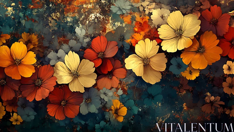 Vibrant Cosmos Blooms Against Textured Teal Backdrop. Contemporary.