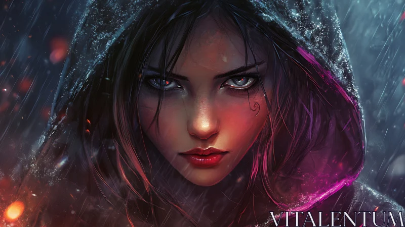 Hooded digital portrait centers illuminated female face in rain