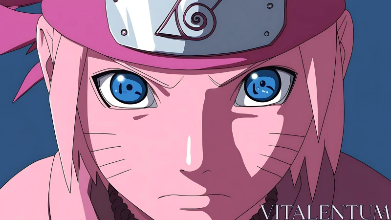 Close frontal view of pink haired ninja character portrait.