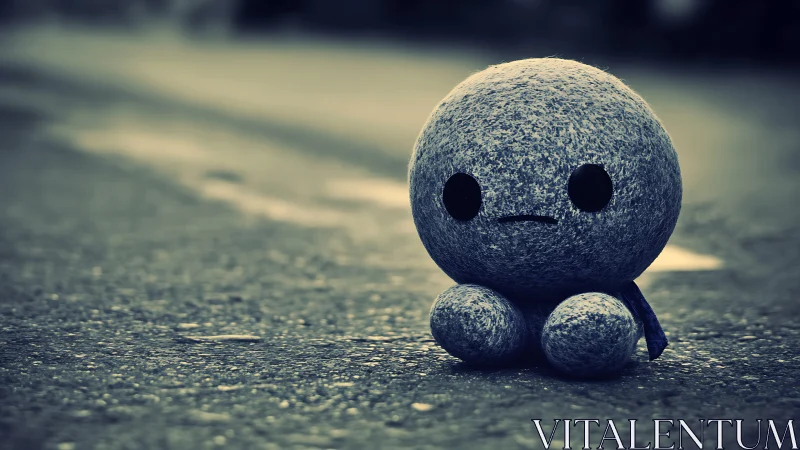 Melancholic felt plush figure on wet asphalt in cyanotype tone