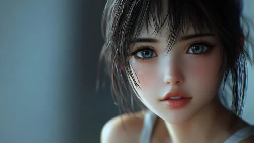Soft morning gaze of a blue-eyed anime girl in quiet light.