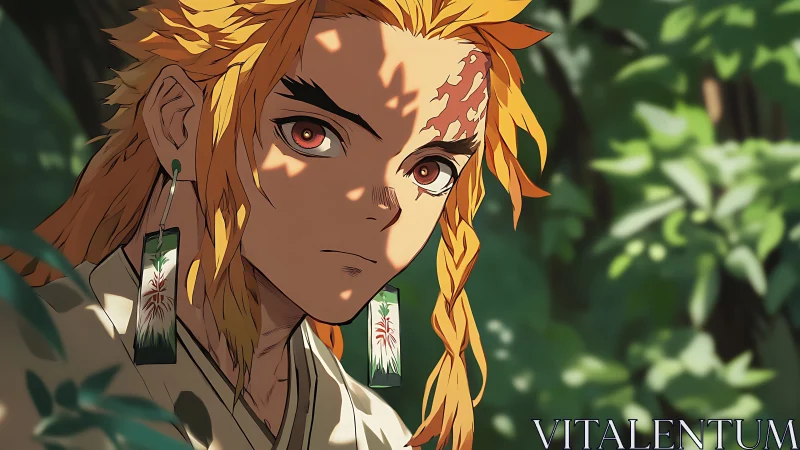 Cinematic anime portrait with dappled foliage lighting and sharp focus