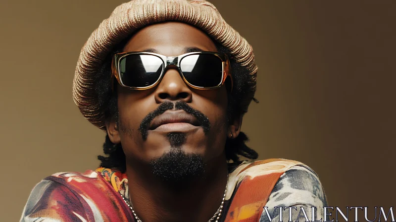 Portrait of man in sunglasses and knit hat on plain backdrop.