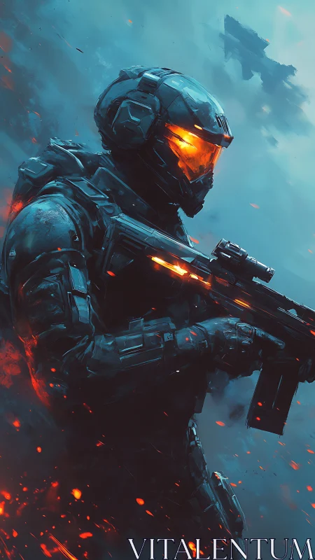 Futuristic infantry operator with glowing visor in firefight