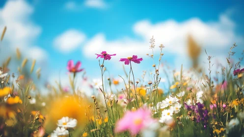 Wildflower meadow with vibrant blooms beneath clear blue sky.