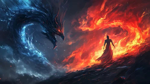 Human silhouette faces opposing red fire and blue dragon