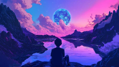 Solitary dreamer beneath neon twilight and twin moonrise.