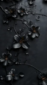 Black Botanical Study: Monochromatic Floral Composition with Metallic Accents.