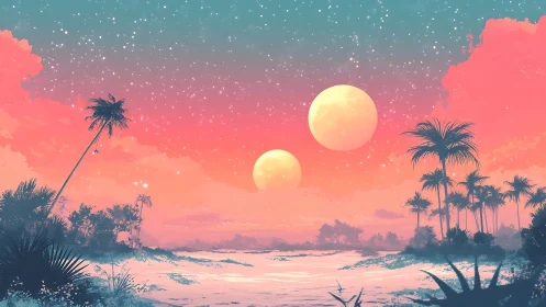Two moons glow above tropical shoreline under vivid sky